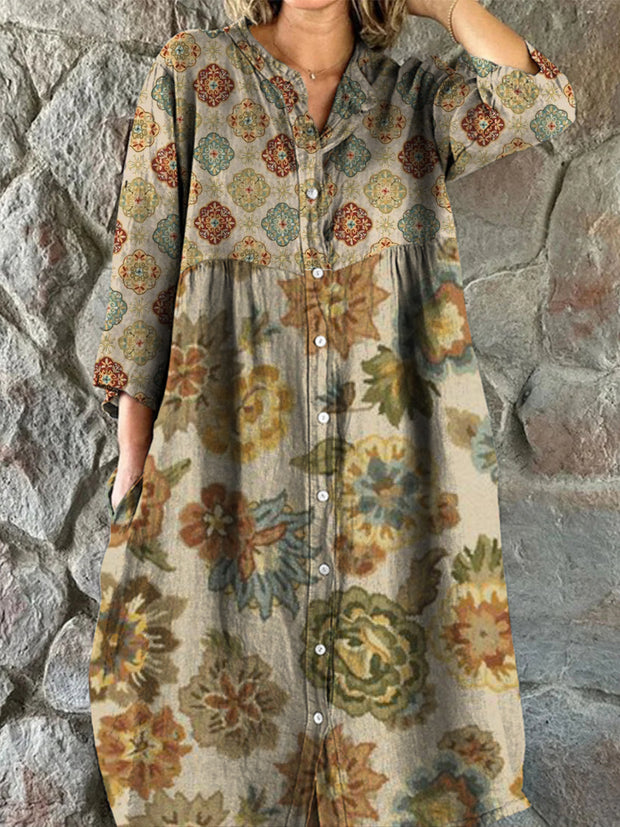 Retro Boho Floral Art Print Vintage Chic V-Neck Button Up Long Sleeve Midi Dress