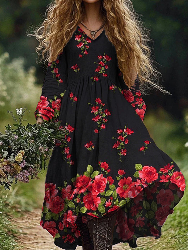 Retro Boho Floral Art Print Vintage Chic V-Neck Long Sleeve Midi Dress