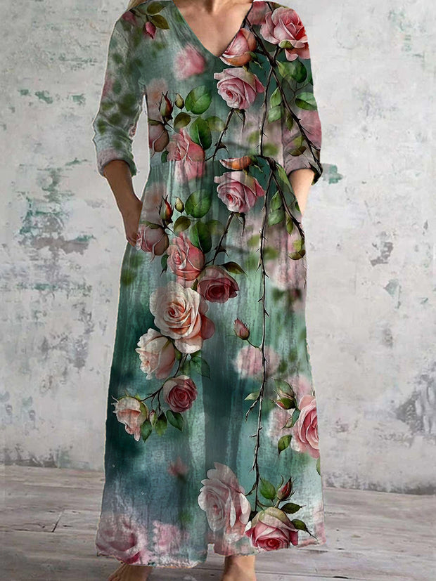 Vintage Floral Art Print Chic V Neck Three Quarter Sleeves Elegant Midi Dress