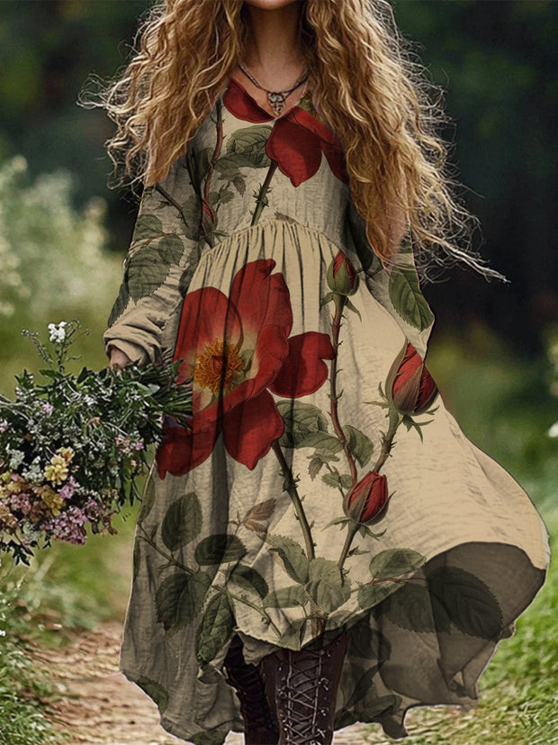 Retro Boho Floral Art Print Vintage Chic V-Neck Long Sleeve Midi Dress