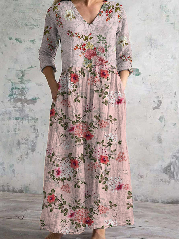 Women's Fashion Elegant Art Print V-Neck Three-Quarter Sleeve Long Dress