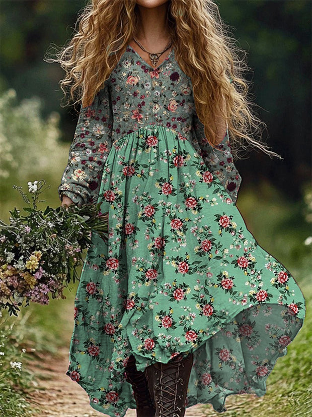 Vintage Floral Art Print V Neck Elegant Chic Loose Long Sleeve Midi Dress