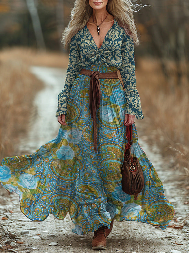 Retro Boho Floral Art Printed Vintage Chic V-Neck Belt Up Bohemian Long Sleeve Midi Dress