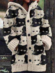 Retro Cute Cat Print Button Up Thick Long-Sleeved Hooded Cardigan Knit Sweater