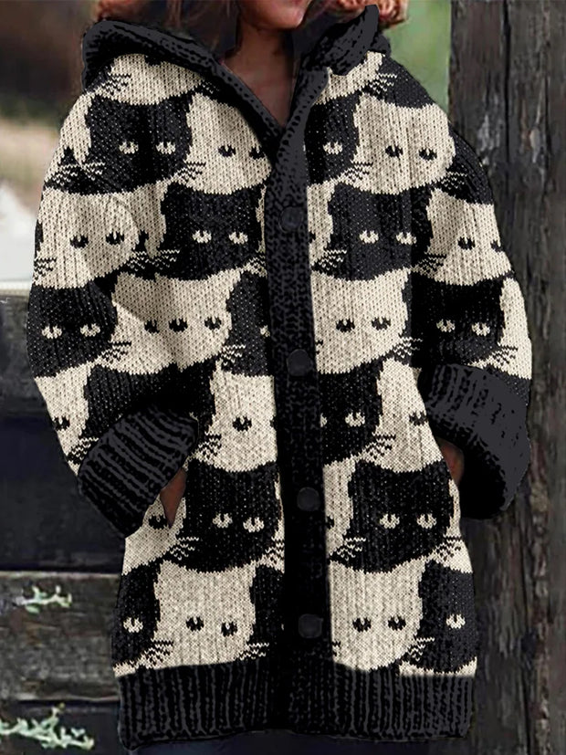 Retro Cute Cat Print Button Up Thick Long-Sleeved Hooded Cardigan Knit Sweater