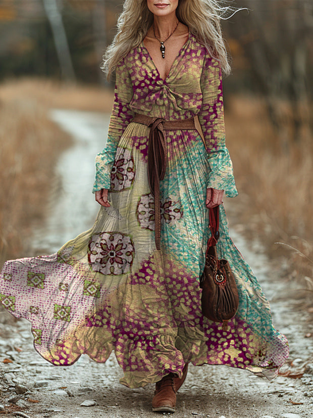 Retro Boho Floral Art Printed Vintage Chic V-Neck Belt Up Bohemian Long Sleeve Midi Dress