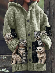 Retro Cute Cat Print Button Up Thick Long-Sleeved Hooded Cardigan Knit Sweater