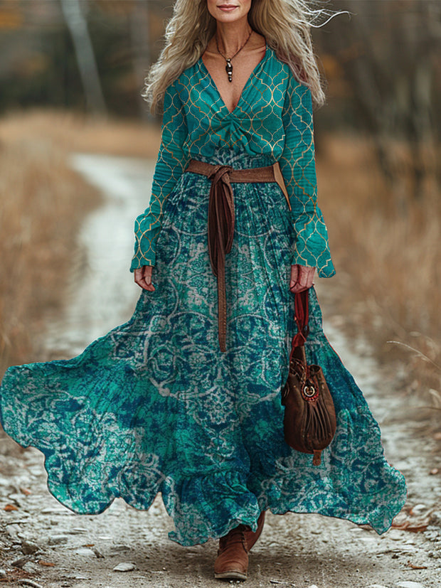 Retro Boho Floral Art Printed Vintage Chic V-Neck Belt Up Bohemian Long Sleeve Midi Dress