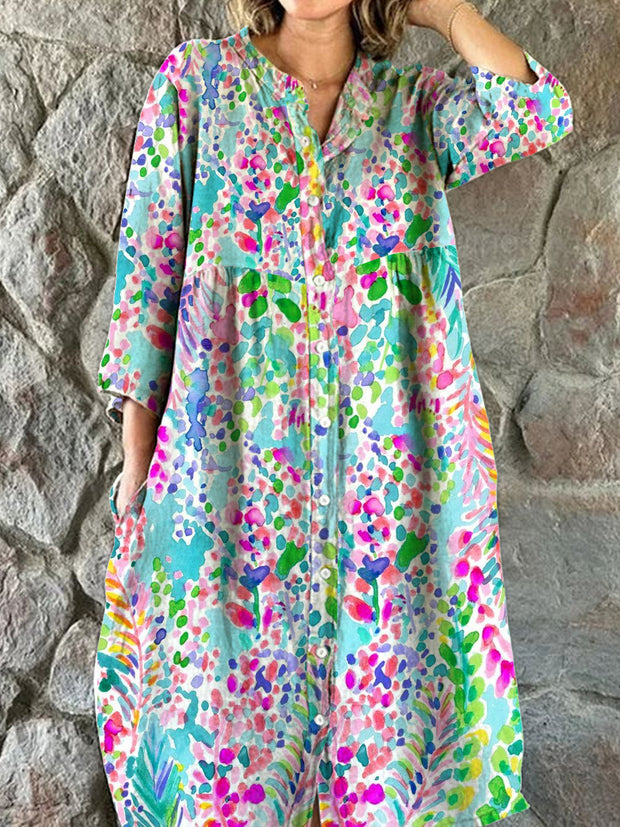 Women's Fashion Elegant Vintage Art Floral Print V-Neck Three-Quarter Sleeve Button Midi Dress