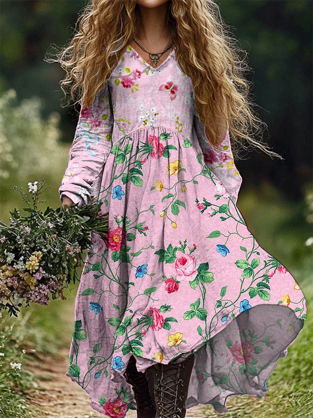 Women's Fashion Elegant Vintage Art Floral Print V-Neck Long Sleeve Maxi Dress