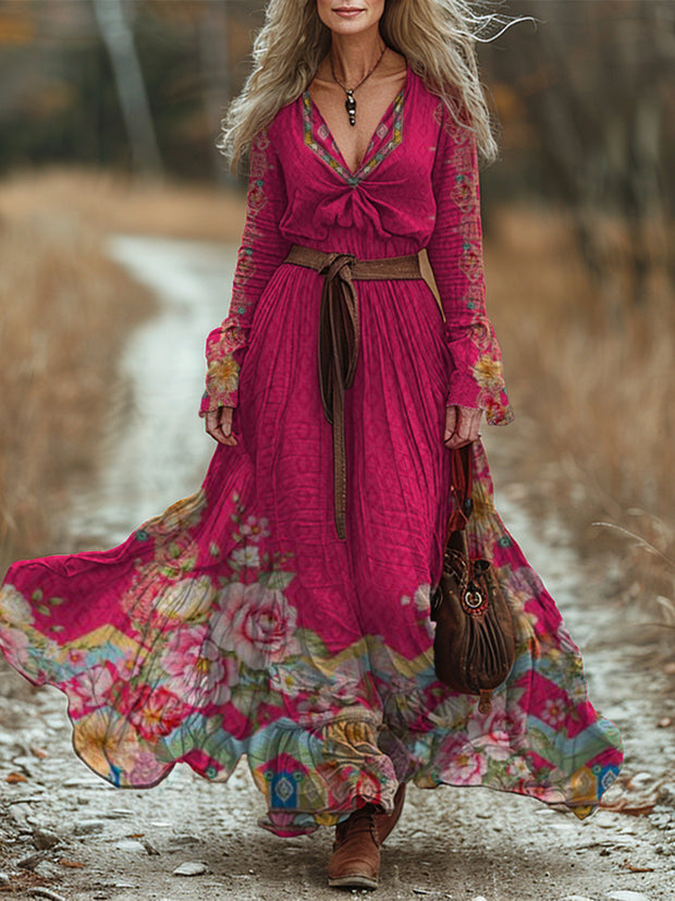 Retro Boho Floral Art Printed Vintage Chic V-Neck Belt Up Bohemian Long Sleeve Midi Dress