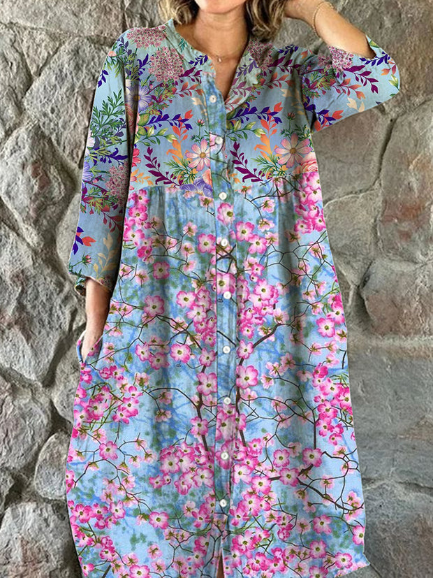 Women's Fashion Elegant Vintage Art Floral Print V-Neck Three-Quarter Sleeve Button Midi Dress