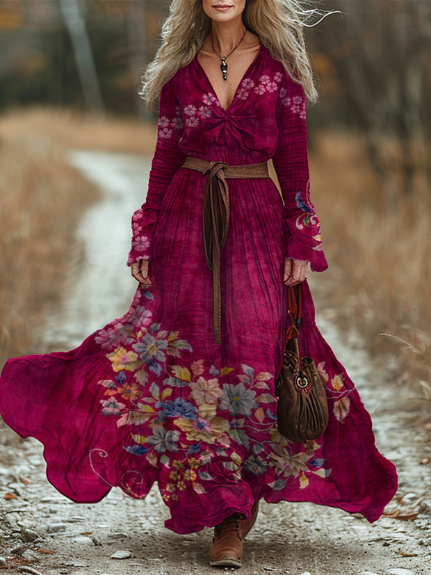 Retro Boho Floral Art Printed Vintage Chic V-Neck Belt Up Bohemian Long Sleeve Midi Dress