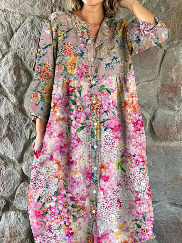 Women's Fashion Elegant Vintage Art Floral Print V-Neck Three-Quarter Sleeve Button Midi Dress