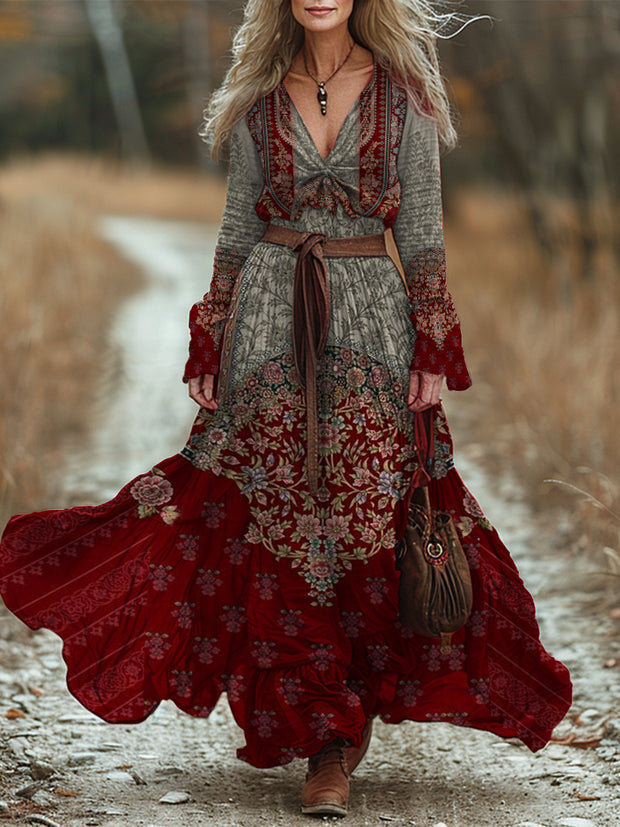 Retro Boho Floral Art Printed Vintage Chic V-Neck Belt Up Bohemian Long Sleeve Midi Dress