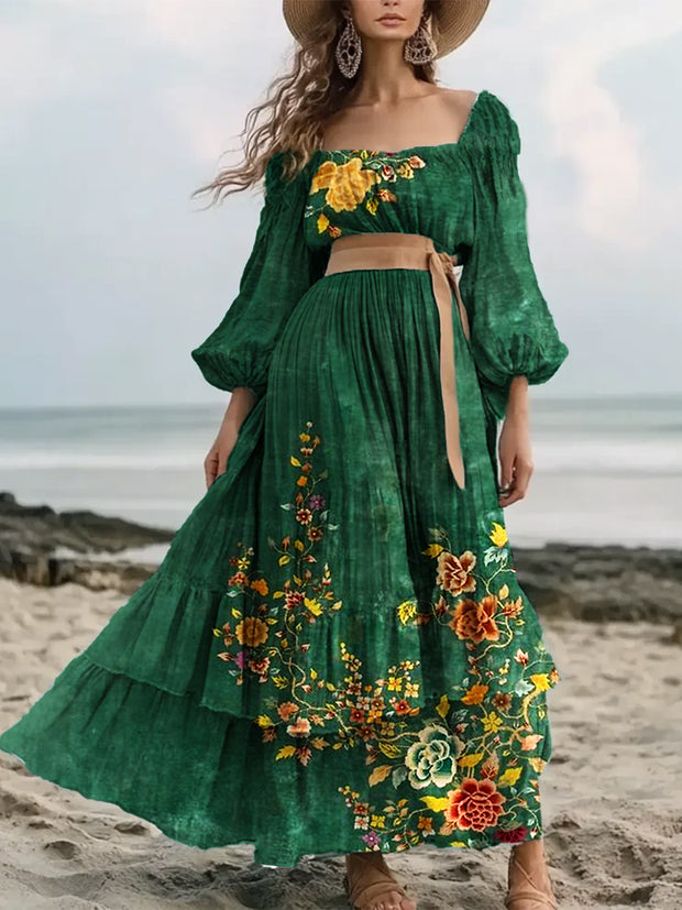 Vintage Floral Art Print Elegant And Chic Loose Long Sleeve Midi Dress