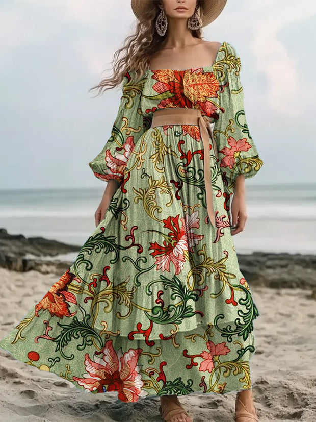 Vintage Floral Art Print Elegant And Chic Loose Long Sleeve Midi Dress