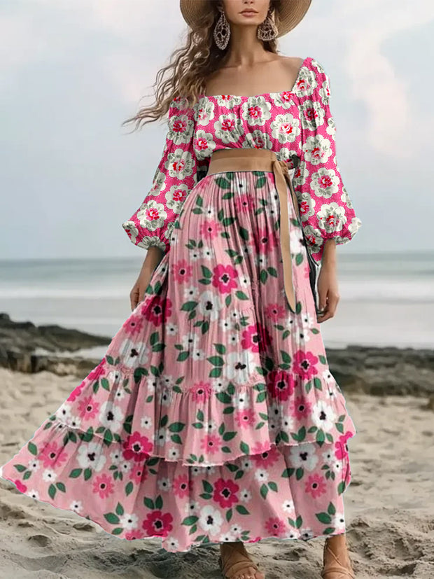 Vintage Floral Art Print Elegant And Chic Loose Long Sleeve Midi Dress