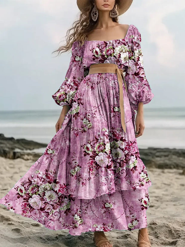 Vintage Floral Art Print Elegant And Chic Loose Long Sleeve Midi Dress