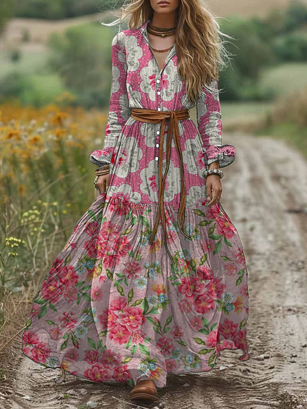 Retro Boho Floral Art Print Vintage Chic V-Neck Button Belt Long Sleeve Midi Dress