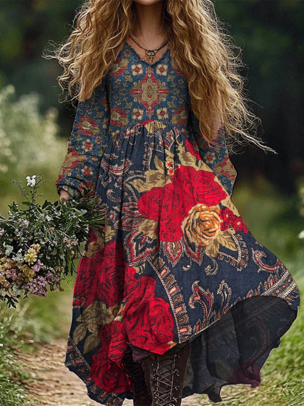 Retro Boho Floral Art Print Vintage Chic V-Neck Long Sleeve Midi Dress