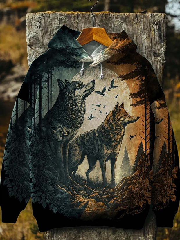 Wolf In The Forest Print Casual Hooded Sweatshirt