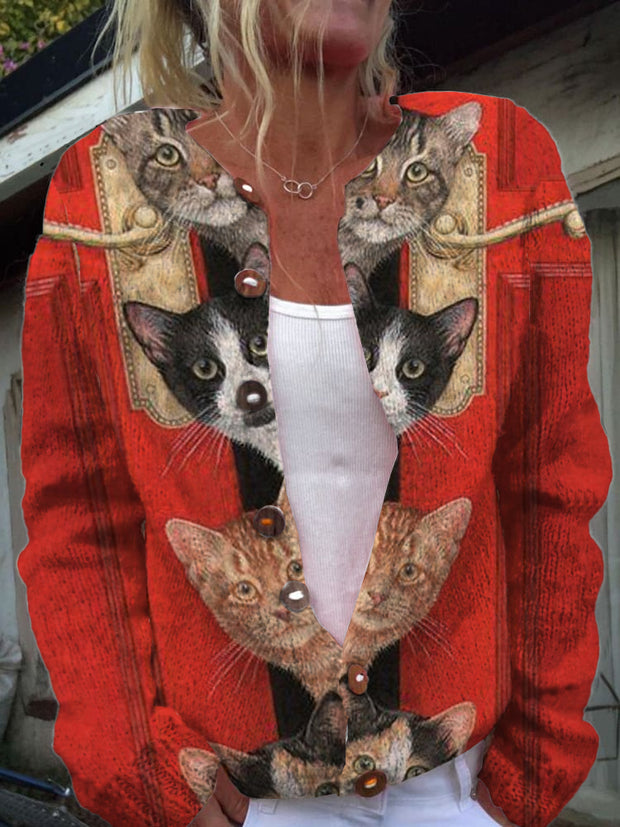 Women's Fashionable And Elegant Animal Art Print V-Neck Long-Sleeved Button Cardigan Sweater