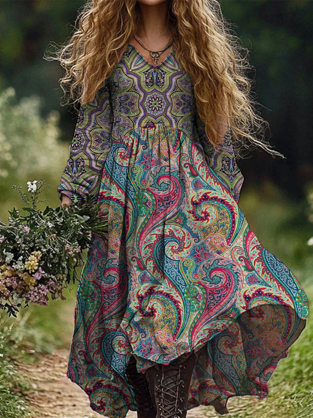 Retro Boho Floral Art Print Vintage Chic V-Neck Long Sleeve Midi Dress