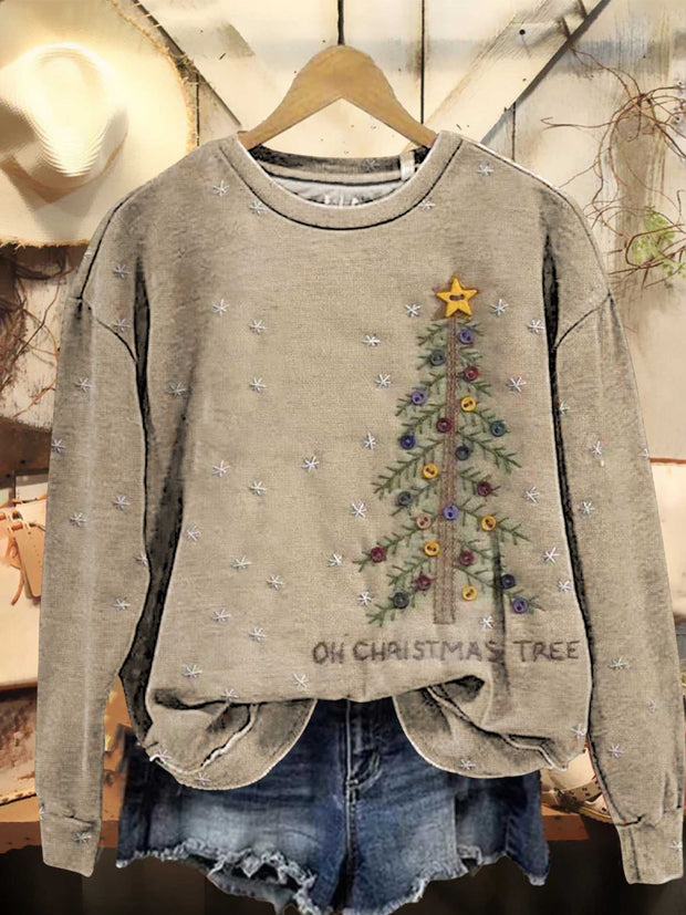 Vintage Christmas Art Print Casual Round Neck Long Sleeve Sports Top