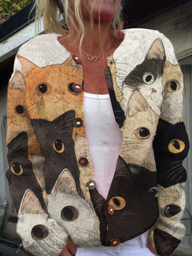 Women's Fashionable And Elegant Animal Art Print V-Neck Long-Sleeved Button Cardigan Sweater