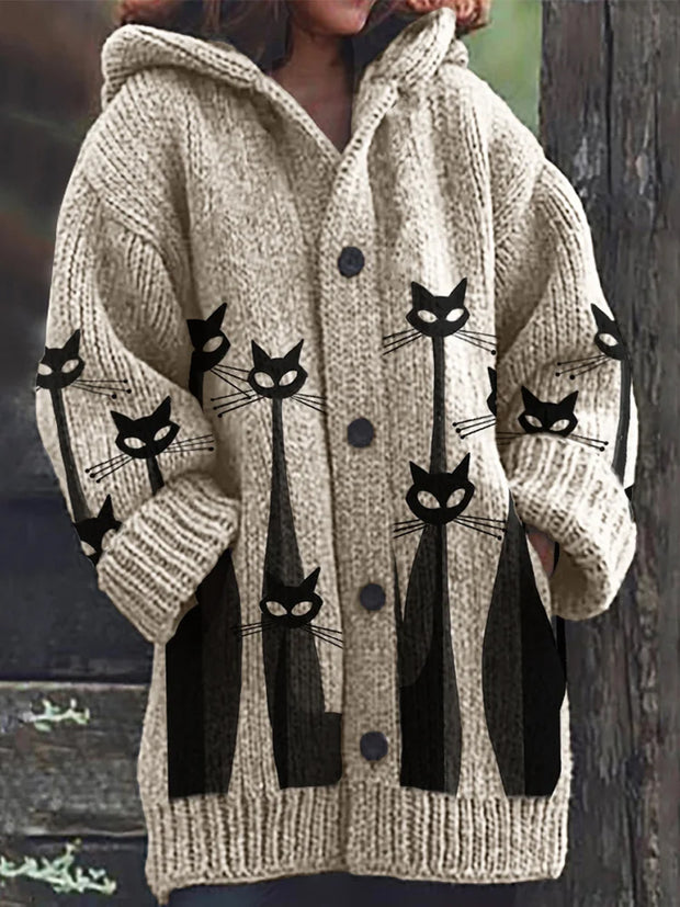 Retro Animal Print Button Thick Long Sleeve Hooded Cardigan