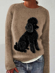 Retro Cute Dog Printed Crew-Neck Comfortable Cotton Blend Long-Sleeved Knit Sweatshirt