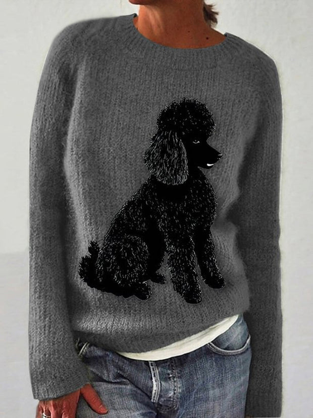 Retro Cute Dog Printed Crew-Neck Comfortable Cotton Blend Long-Sleeved Knit Sweatshirt