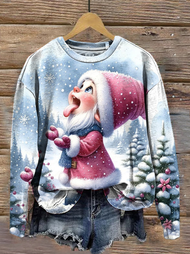 Vintage Christmas Art Print Casual Round Neck Long Sleeve Sports Top