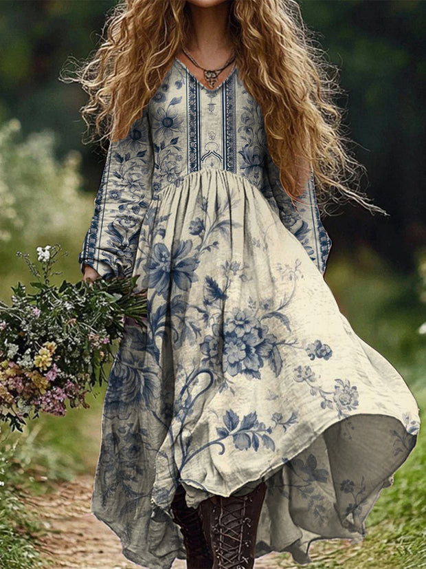 Retro Boho Floral Art Print Vintage Chic V-Neck Long Sleeve Midi Dress