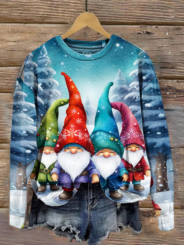 Vintage Christmas Art Print Casual Round Neck Long Sleeve Sports Top