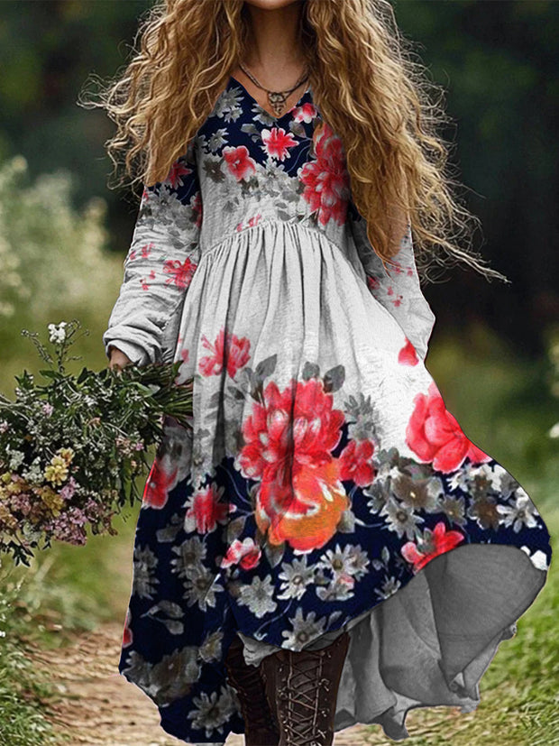 Retro Boho Floral Art Print Vintage Chic V-Neck Long Sleeve Midi Dress