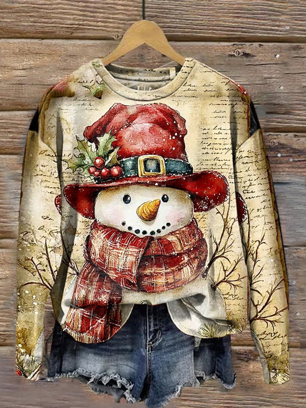 Vintage Christmas Art Print Casual Round Neck Long Sleeve Sports Top