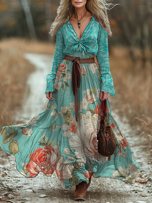 Retro Boho Floral Art Print Vintage Chic V-Neck Belt Bohemian Long Sleeve Midi Dress