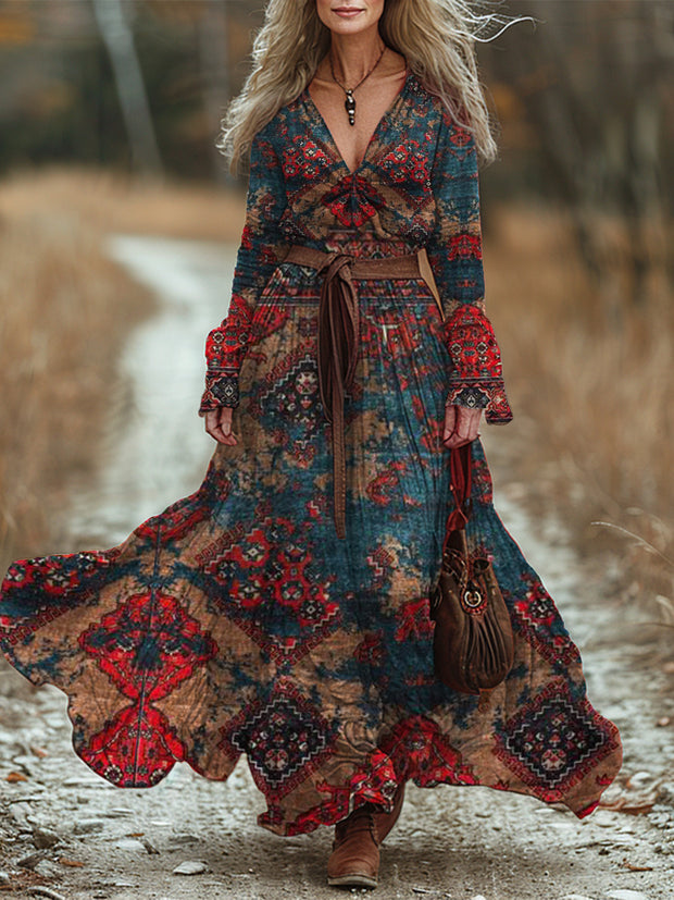 Retro Boho Floral Art Print Vintage Chic V-Neck Belt Bohemian Long Sleeve Midi Dress