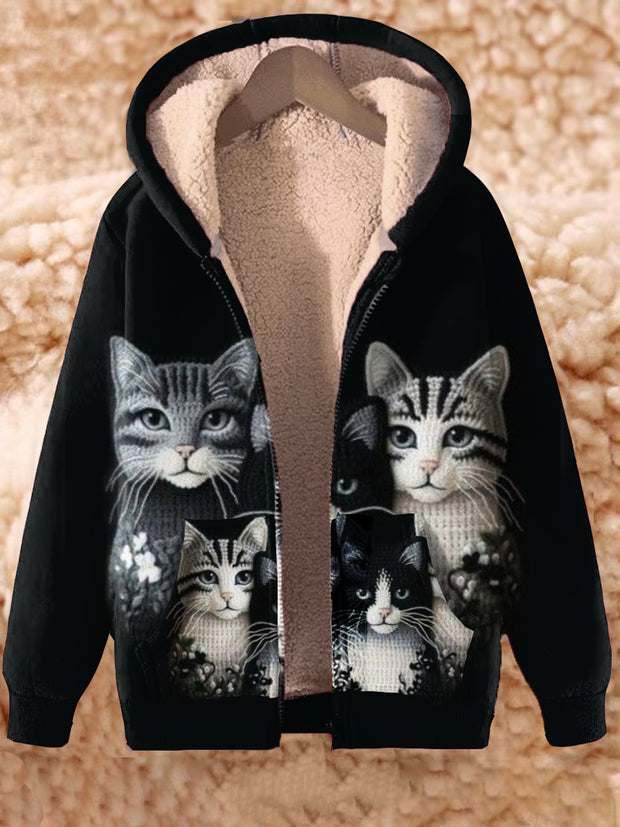 Animal Art Print Long Sleeve Hooded Zip-Up Thick Top Jacket