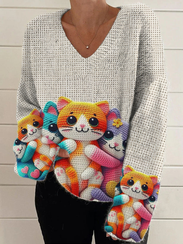 Retro Cute Cat Print Vintage Chic V-Neck Long Sleeve Thick Knit Sweater