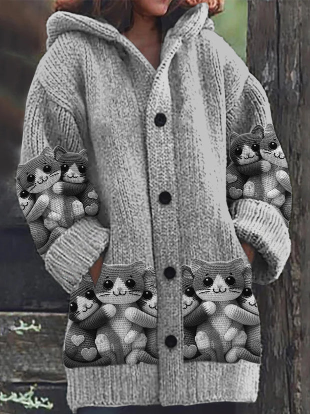 Retro Cute Cat Print Button Up Thick Long-Sleeved Hooded Cardigan Knit Sweater