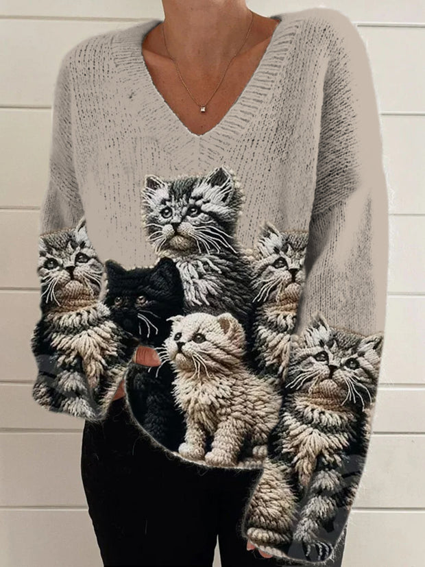 Retro Cute Cat Print Vintage Chic V-Neck Long Sleeve Thick Knit Sweater