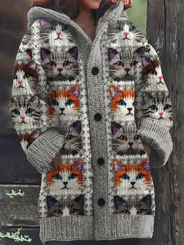 Retro Cute Cat Print Button Up Thick Long-Sleeved Hooded Cardigan Knit Sweater