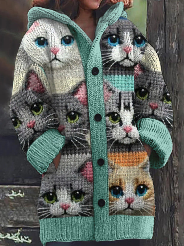 Retro Cute Cat Print Button Up Thick Long-Sleeved Hooded Cardigan Knit Sweater