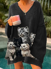 Retro Cute Cat Print Vintage Loose Chic V-Neck Long Sleeve Thick Knit Sweater