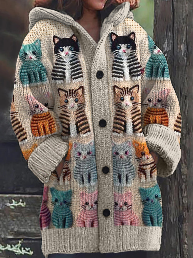 Retro Cute Cat Print Button Up Thick Long-Sleeved Hooded Cardigan Knit Sweater