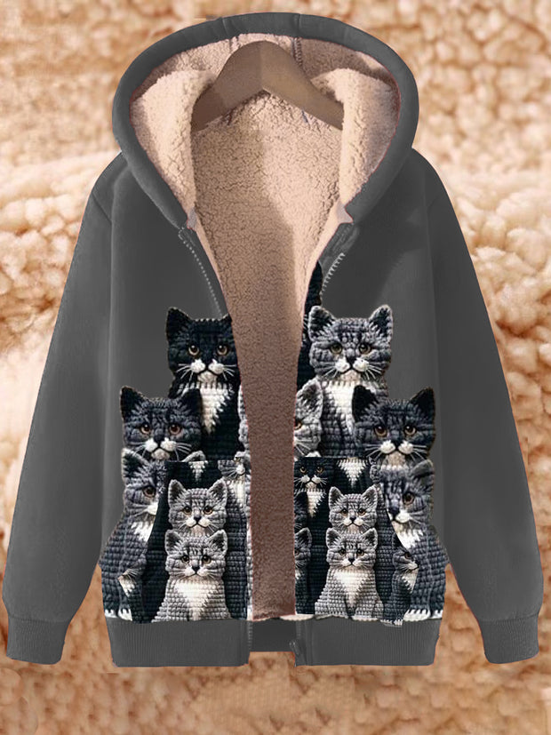 Animal Art Print Long Sleeve Hooded Zip-Up Thick Top Jacket