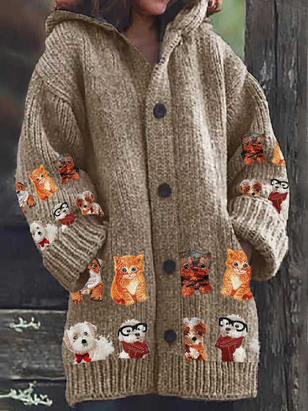 Retro Embroidered Cat Print Button Thick Long Sleeve Hooded Cardigan